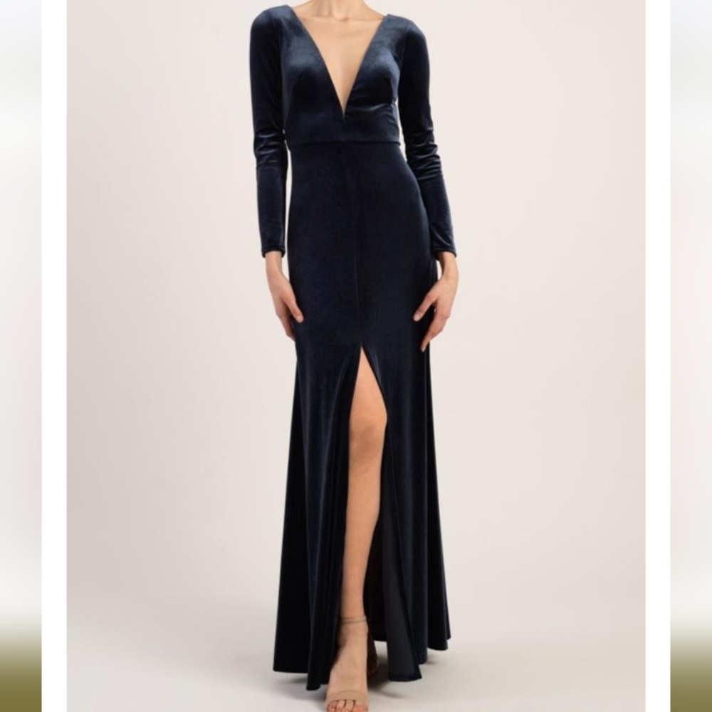 Jenny Yoo Collection Malia Women's Navy Maxi Length Velvet Velure Formal Dress 2